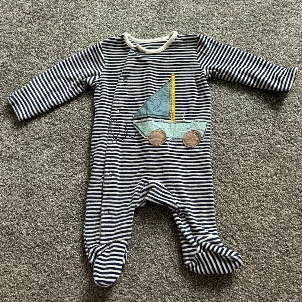 Nautical Blue and White Striped Footies with Sailboat Appliqué